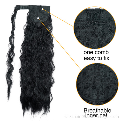 Kinky Curly  Magic Paste Heat Resistant Wavy Synthetic Wrap Around Ponytail Hairpiece 24 Inch Long Corn Wave Ponytail Extension